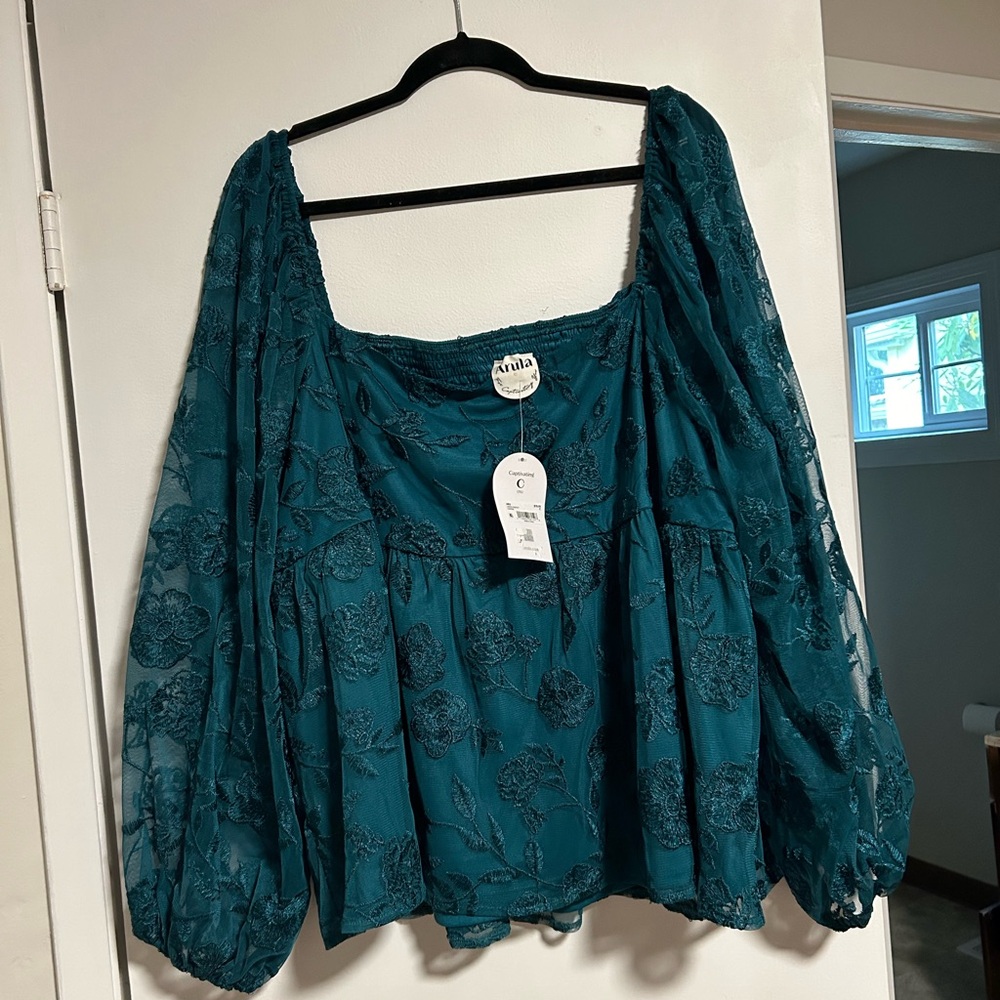 Arula Lace Long Sleeve Teal Floral Women's Top SIZE C (3x)